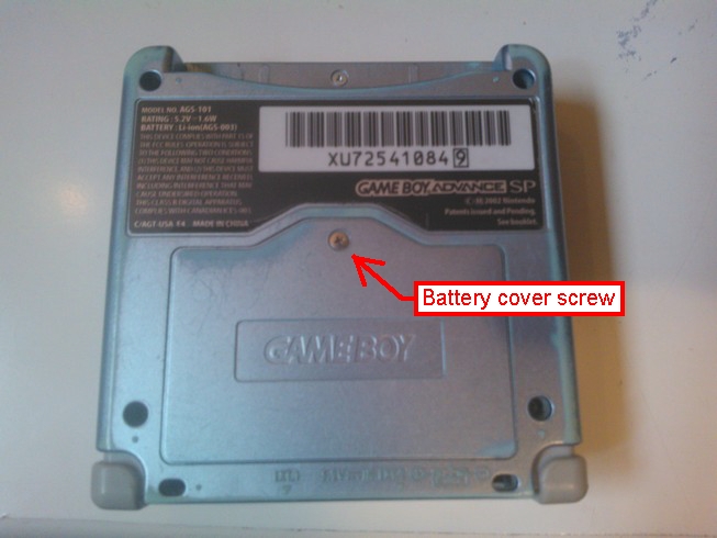 The bottom of a Gameboy Advance SP. The battery cover screw is
				highlighted